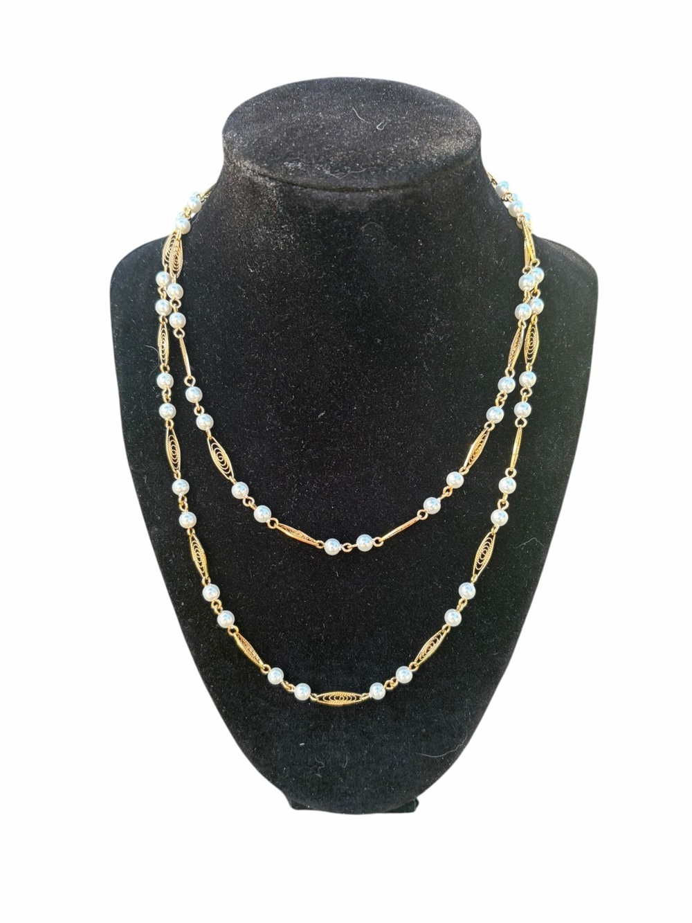 TRIFARI Vintage Faux Pearl & Filigree Gold Tone Chain Beaded Double Necklace